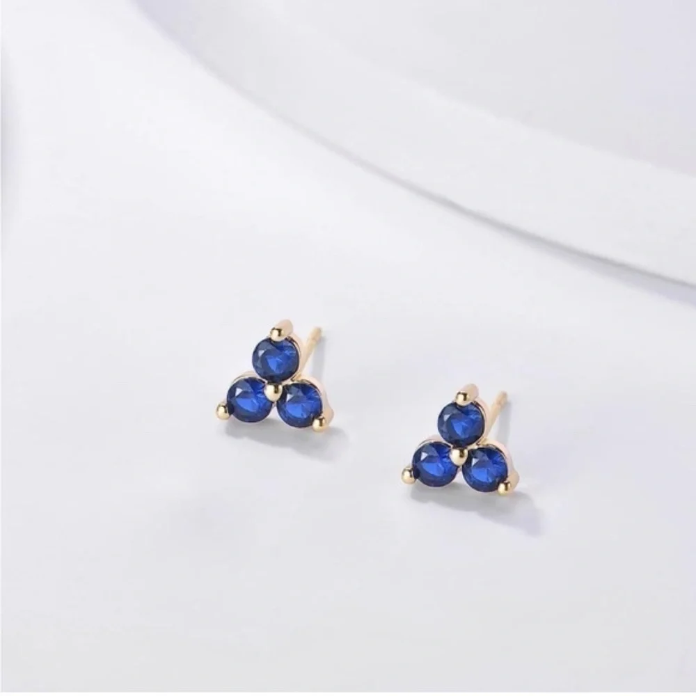 GOLD 14k Gold Plated Blue Cubic Zirconia Stud Earrings